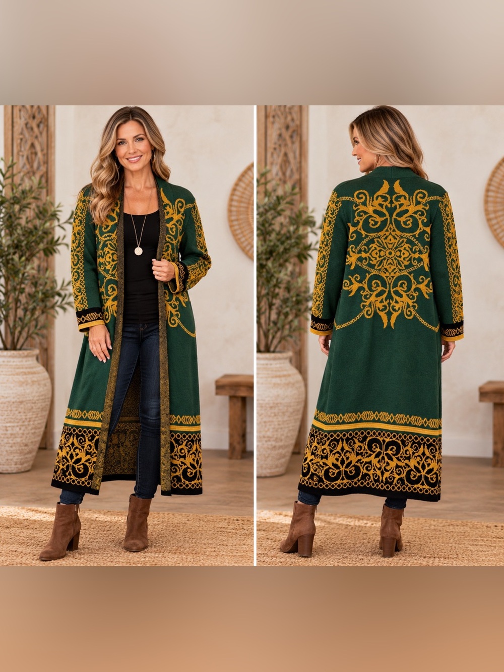 Boutique Emerald Green Gold Baroque Long Cardigan Duster NWOT